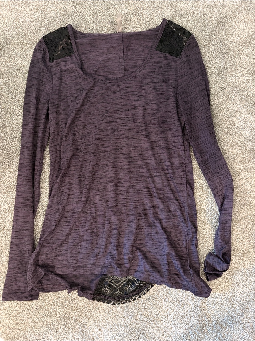 Vanity Purple Long Sleeve Scoop Neck Top with Black Lace Shoulders